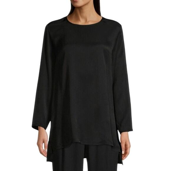 Eileen Fisher L Black Textured Cupro Round Neck Top Easy Fit Long Length - Picture 9 of 9